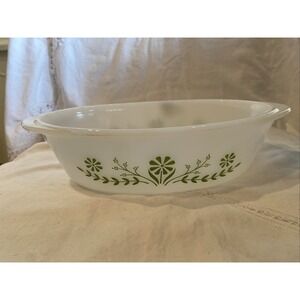 Vintage Glasbake Casserole Dish J235 1 QT Green Daisy Milk Glass Oval